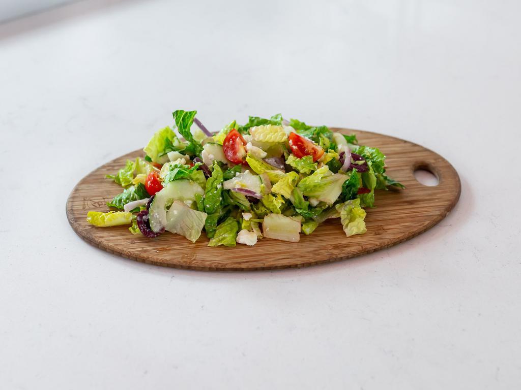 Greek Salad  · Romaine lettuce, tomatoes, red onions, cucumber, Kalamata olives, feta cheese and lemon dressing.