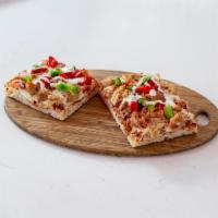 Chicken Bacon Ranch Signature Pizza · House red sauce, smoked chicken, minced garlic, red and green peppers, creamy mozzarella, to...