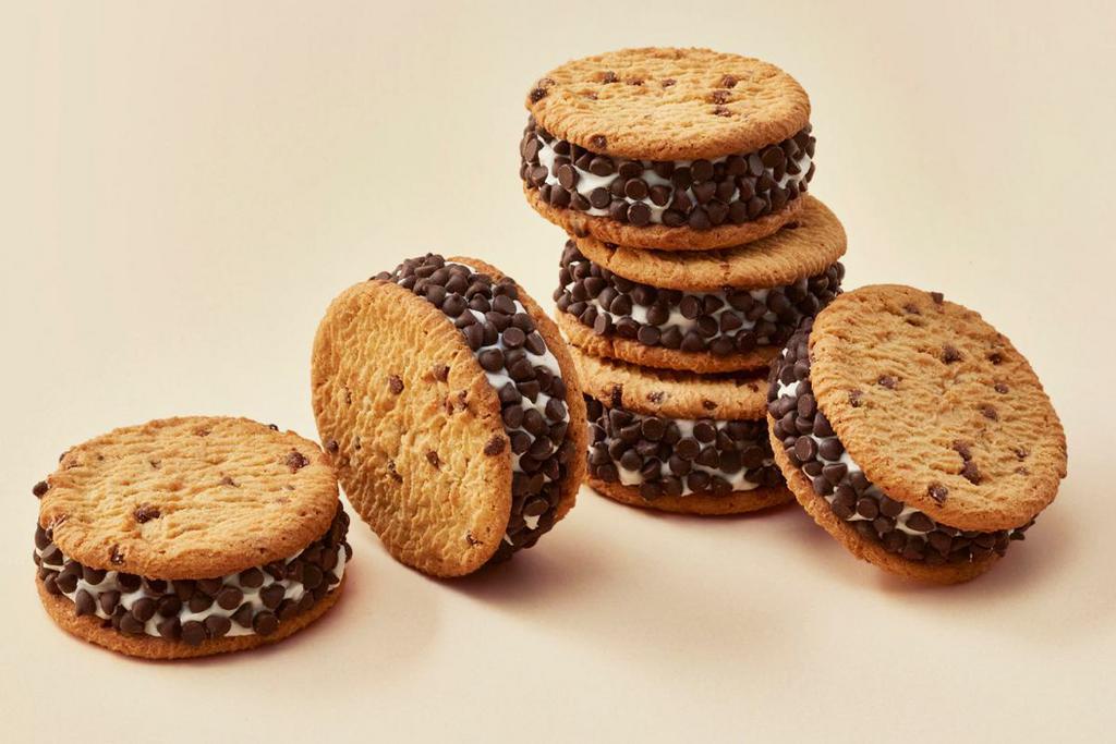 Chipsters (6-Pack) · Vanilla ice cream sandwiched between two chocolate chip cookies.