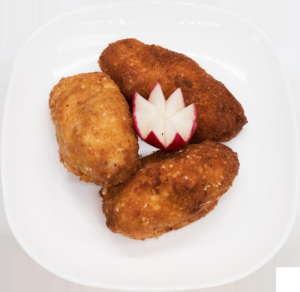 Chicken Kiev(1 pc) · Chicken breast, margarine, garlic, breadcrumbs, eggs, flour, and salt.