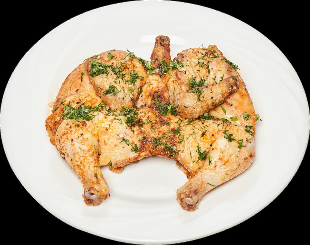 Chicken Tabaka(1 pc) · Marinated chicken Cornish, mixed spices, garlic, and oil.