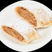 Apple Strudel(1 pc) · French dough pastry, fresh apples, apple filling, cinnamon, sugar, and egg.