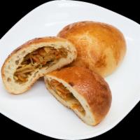 Pirozhki with Cabbage(1 pc) · Cabbage, carrots, flour, eggs, salt, oil, and yeast.