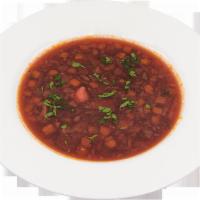 Borscht Soup · Beef, beet, tomato paste, carrot, onion, cabbage, garlic, vinegar, salt pepper, bay leaf, an...