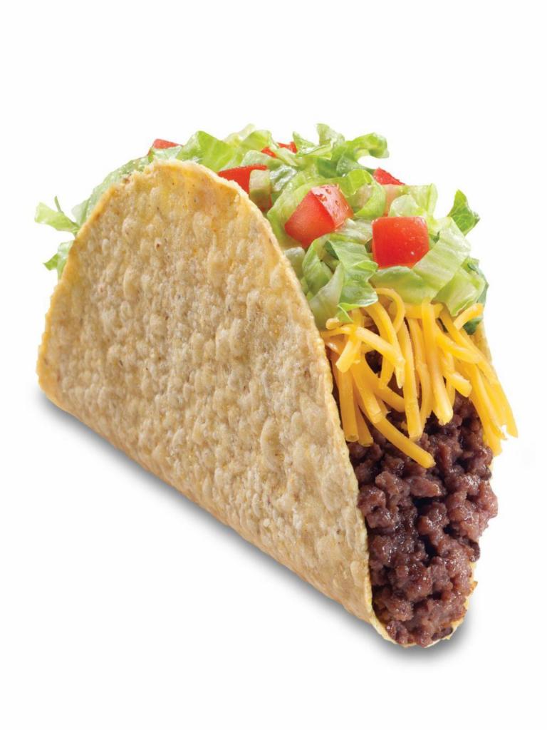 Crisp Taco · Seasoned beef, cheddar cheese, shredded lettuce, and diced tomatoes in a homemade corn taco shell.