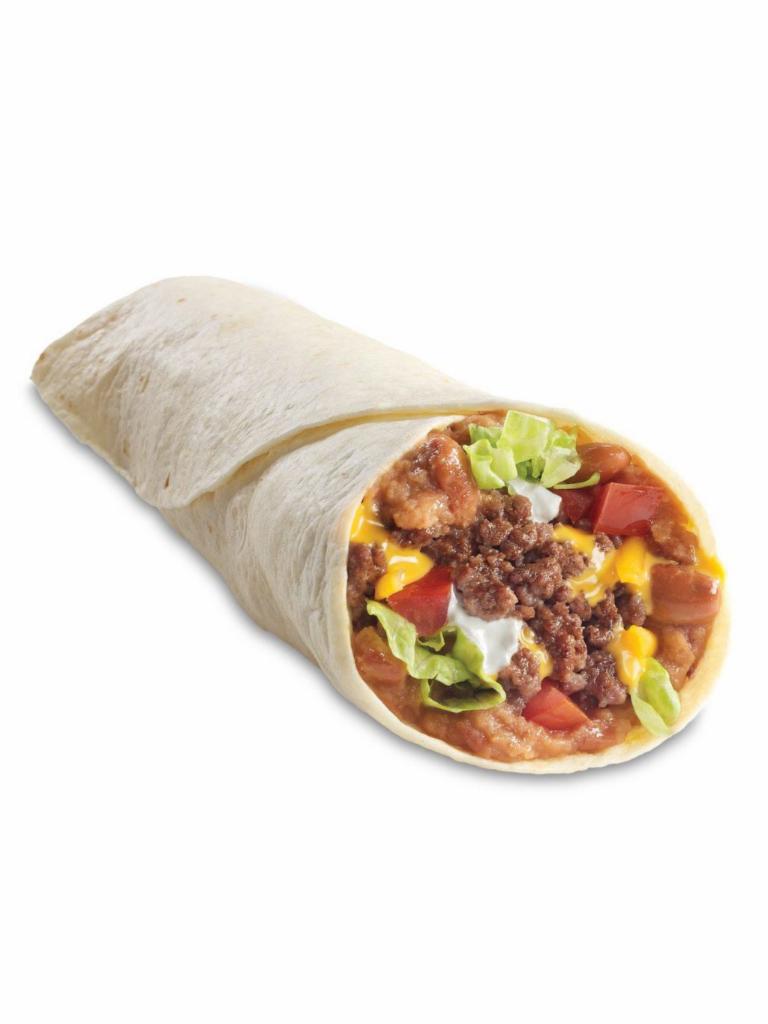 Super Soft Taco · Refried beans, seasoned beef, cheddar cheese, sour cream, lettuce and tomato wrapped in a homestyle flour tortilla