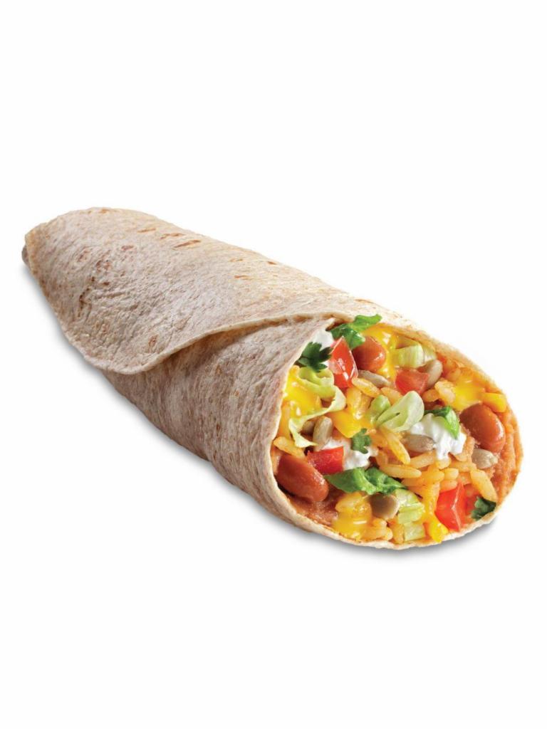 Veggie Burrito · Whole wheat tortilla, Refried beans, Spanish rice, Cheddar cheese, sour cream, lettuce, salsa fresca, and sunflower seeds