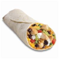 Chicken and Black Bean · Mexican rice, cheddar cheese, white chicken, sour cream, guacamole, and pico de gallo in a f...