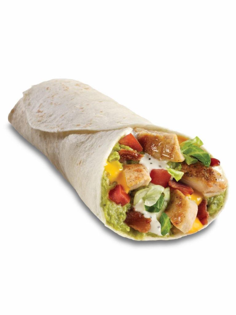 Chicken BLT Burrito · Crispy bacon, all-white chicken, shredded lettuce, diced tomato, guacamole, cheddar cheese, and ranch dressing wrapped in a home-style tortilla.