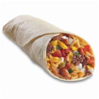 Big Juan Burrito · Refried beans, mexican rice, seasoned ground beef, cheddar cheese, sour cream, mild picante,...