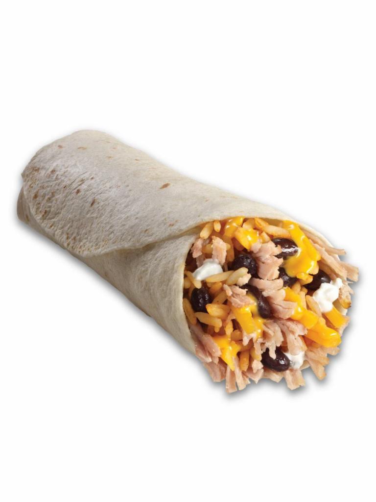 Sweet Pork Burrito · Mexican rice, black beans, sweet pork, cheddar cheese, and sour cream rolled in a flour tortilla