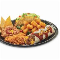 Casita Burrito Platter Meal · Seasoned beef, chicken, or pork Casita burrito with rice, beans, a seasoned beef crisp taco ...