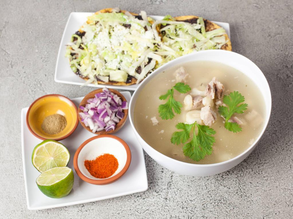 78. Pozole · Corn soup with pork served with 2 homemade tostadas.
