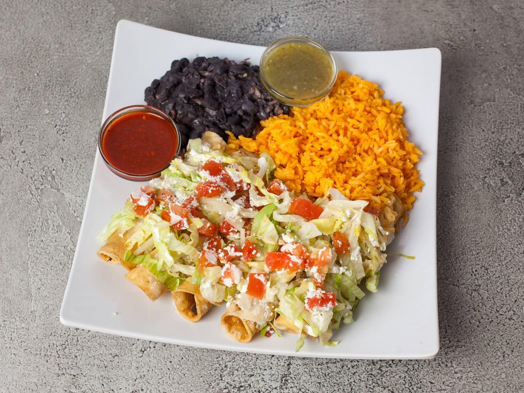 Flautas · 5 Deep fried roll tortillas filled with your choice of meat topped with cheese, sour cream. Served with rice and beans