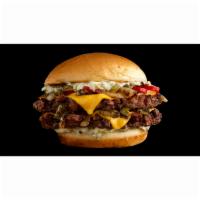 Bacon Smashed Hatch Chile Burger · Hand-smashed double patty topped with American cheese, bacon, hatch chile peppers, grilled o...
