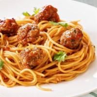 Spaghetti and Meatballs · Spaghetti pasta, tomato sauce, and meatballs. Comes with bread.