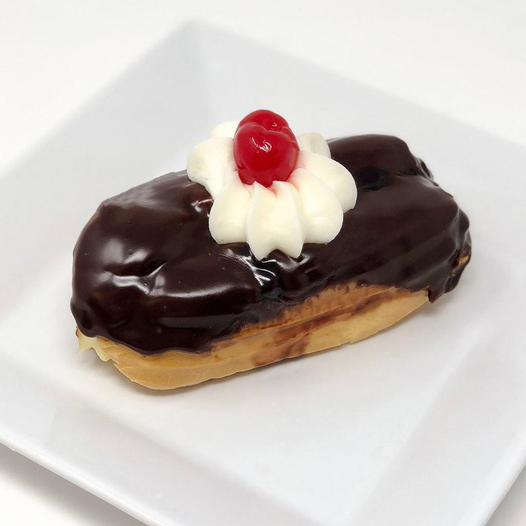 Eclair · Choute paste filled with Bavarian cream and topped in chocolate.