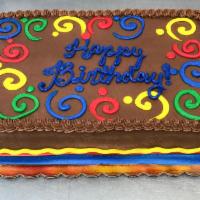 1/4 Sheet of Chocolate Cake · Chocolate cake with chocolate buttercream icing and filling! Decorations vary-specify male, ...