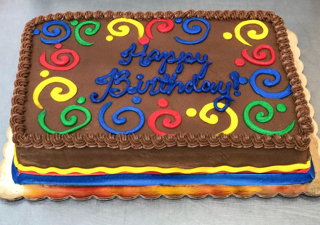 1/4 Sheet of Chocolate Cake · Chocolate cake with chocolate buttercream icing and filling! Decorations vary-specify male, female, or generic style. For further customization, please call!