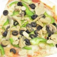 Small Veggie Pizza · Green peppers, onions, mushrooms, spinach, broccoli, tomatoes and olives.