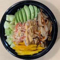 Shrimp Ika Bowl · Sushi shrimp,ika salad,Kani salad,cucumber,avocado,mango,with Japanese dressing