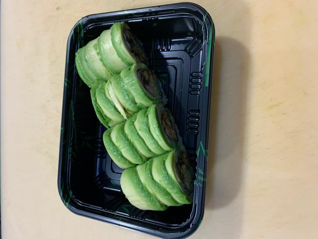 Green Dragon roll · Inside:Eel,crabmeat,cucumber
outside:Avocado,eel sauce