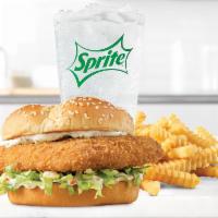 Crispy Fish Sandwich Small Meal ·  A crispy fish fillet with shredded lettuce and tartar sauce on a toasted sesame bun.
Served...