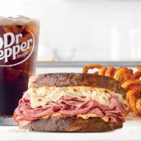 Corned Beef Reuben Small Meal · Marbled rye bread filled with freshly sliced corned beef, melty Swiss Cheese, tangy sauerkra...