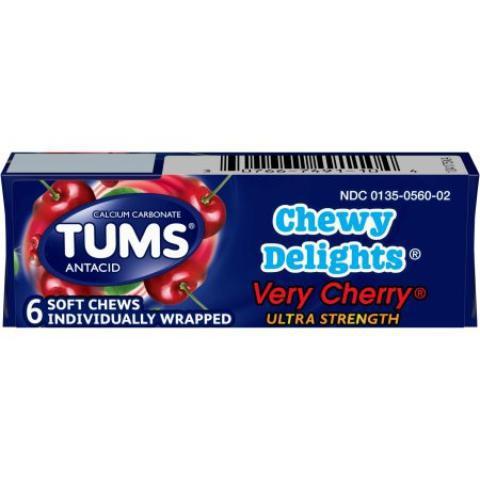 Tums Chewy Delight, Cherry 6 Count · Fast acting, ultra strength heartburn relief has never tasted so great. TUMS Chewy Delights Cherry goes to work giving you the heartburn relief you need, fast!