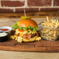 Mac Attack Burger · 8 oz beef patty, Applewood Smoked bacon, sharped cheddar, Green Leaf, tomato, mac and cheese...