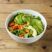 Avocado Salad · Fresh avocado, baby kale, baby arugula, carrots, grape tomatoes, and balsamic vinaigrette