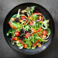 Garden Salad · Carrots, raw red onions, baby arugula, grape tomatoes, bell peppers, ranch dressing.