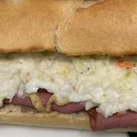Beef Bologna Hot Signature Creation · Fried beef bologna, coleslaw, mustard.