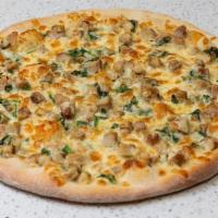Chicken Alfredo Pizza · Alfredo Sauce, Chicken, Spinach, Mozzarella Cheese.