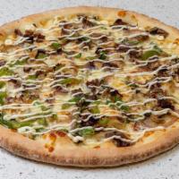Philly Cheese Steak Pizza · Garlic Sauce, Steak, Onion, Mushrooms, Pepper & Cheese