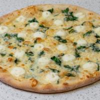 White Spinach Pizza · Garlic Sauce, Spinach, Mozzarella and Ricotta Cheese, Garlic butter.