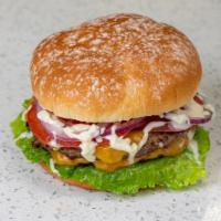 Double Cheeseburger · Beef, Fresh Red Onions, Tomato, Lettuce, Cheddar Cheese and Mayo.

