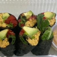 Divine Wrap · Almond nutmeat, spring mix, red sweet peppers, avocado, red onion, nori.