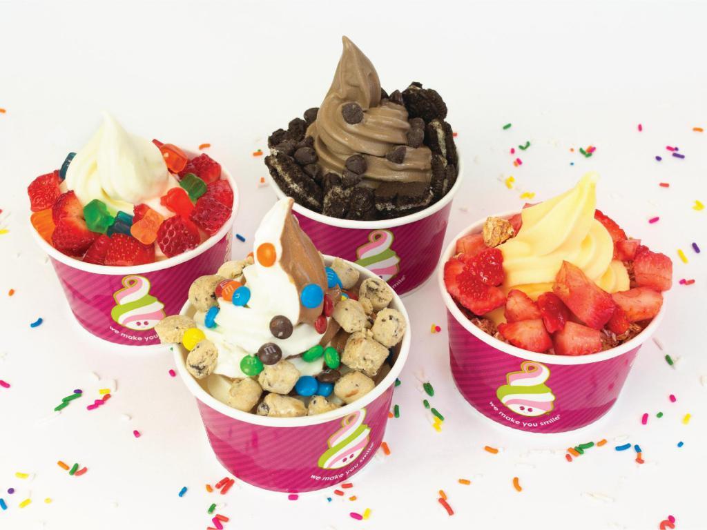 Family Four Pack · FOUR regular or large cups of froyo/sorbet plus 8 included toppings (i.e. 2 per cup) - save over 15%! Extra toppings can be added from the Extra Toppings section.