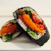 Spicy tuna  Burrito · Sushi rice & Seaweed wrap  spicy tuna   cucumber  sweet  onion  Seaweed  salad  crunch with ...