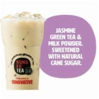KF Milk Green Tea · Fragrant Jasmine Green tea, cane sugar and creamy milk powder. Floral, Creamy, and Delicate.