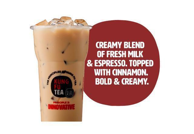 Cappuccino · Kung Fu Tea espresso blends with creamy Lactaid milk, finish with a hints of cinnamon. Classic with a kick.