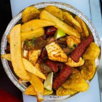 Picadera Antillana · Queso, longaniza, salami, chicharron de pollo, tostones y papa frita. Cheese, sausage, salam...