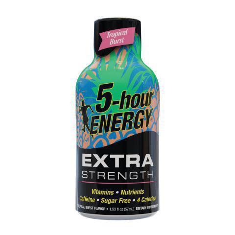 5-Hour Energy Extra Strength Tropical Burst 1.93oz · A sweet and delicious combination of pineapple and apricot flavors that will satisfy your deepest tropical cravings. Contains a blend of vitamins, nutrients and caffeine – all with 0 sugar and only 4 calories.