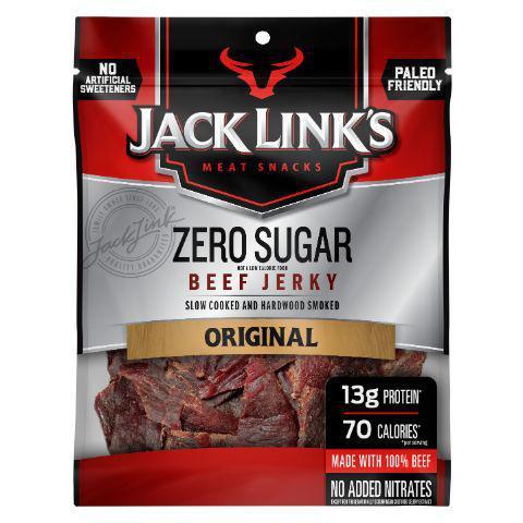 Jack Links Zero Sugar Jerky 2.6oz · Just like the Jack Link's Original Beef Jerky you already love; this zero sugar jerky is 98% fat free with 13g of protein and 70 calories per serving