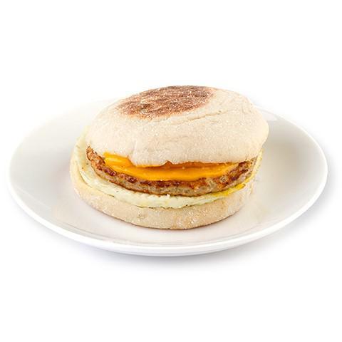 English Muffin with Sausage, Egg & Cheese · Soft english muffin with savory sausage, fluffy egg and melted cheese