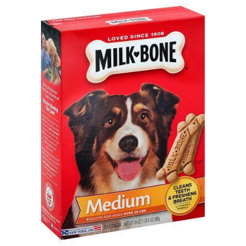Milk Bone Dog Biscuits Medium 24oz · A delicious biscuit for medium-sized dogs over 20 pounds. Crunchy texture helps clean teeth and freshen breath. Contains 12 vitamins and minerals.