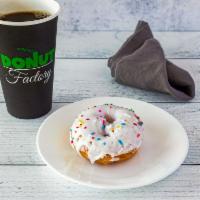 Vanilla Rainbow Sprinkle Cake Donuts · Vanilla cake. Vanilla covered. Rainbow sprinkle.