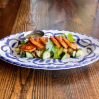Camarones al Mojo de Ajo · Mexican white shrimp, roasted crispy garlic, cilantro with grilled vegetables verde & “Una P...