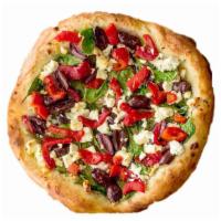 Greek Pizza · Olive oil base with black olives, feta cheese, fresh garlic, tomato, red onion, bell peppers 